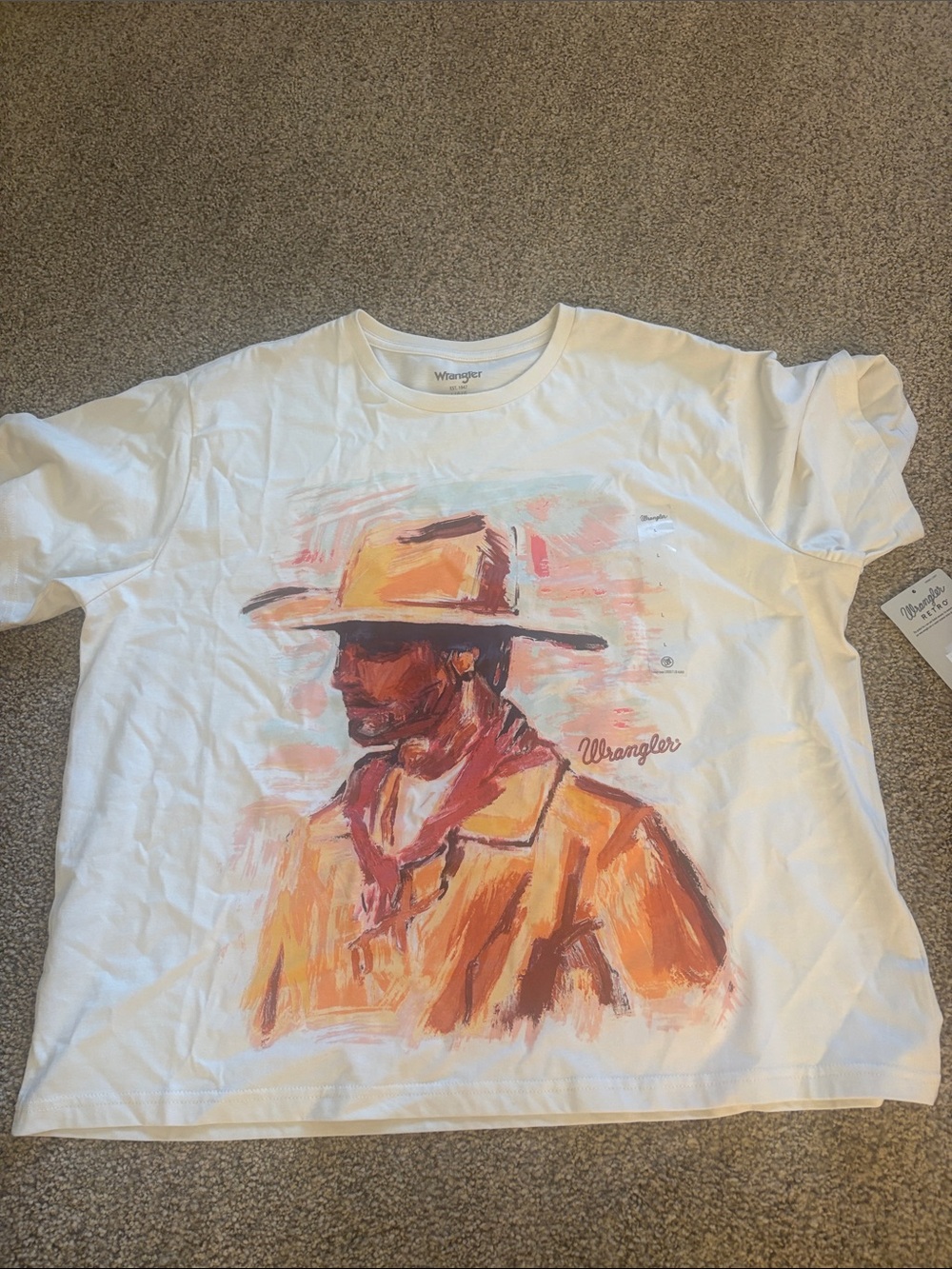 Wrangler Women’s White Graphic Tee with Orange Cowboy Print